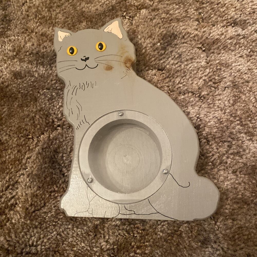 Vintage Cat Belly Bank Wooden Piggy Bank Grey Kitten Handcrafted Painted Wood